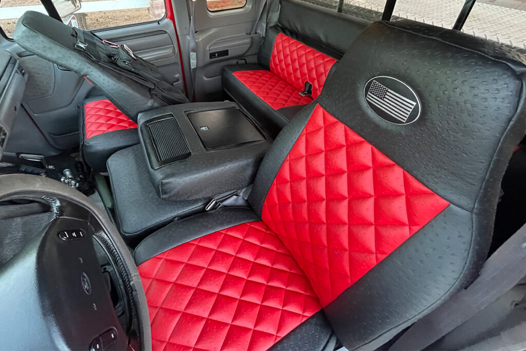 1996 Ford F-250 red ostrich diamond leatherette seat covers with black ostrich trim front seats