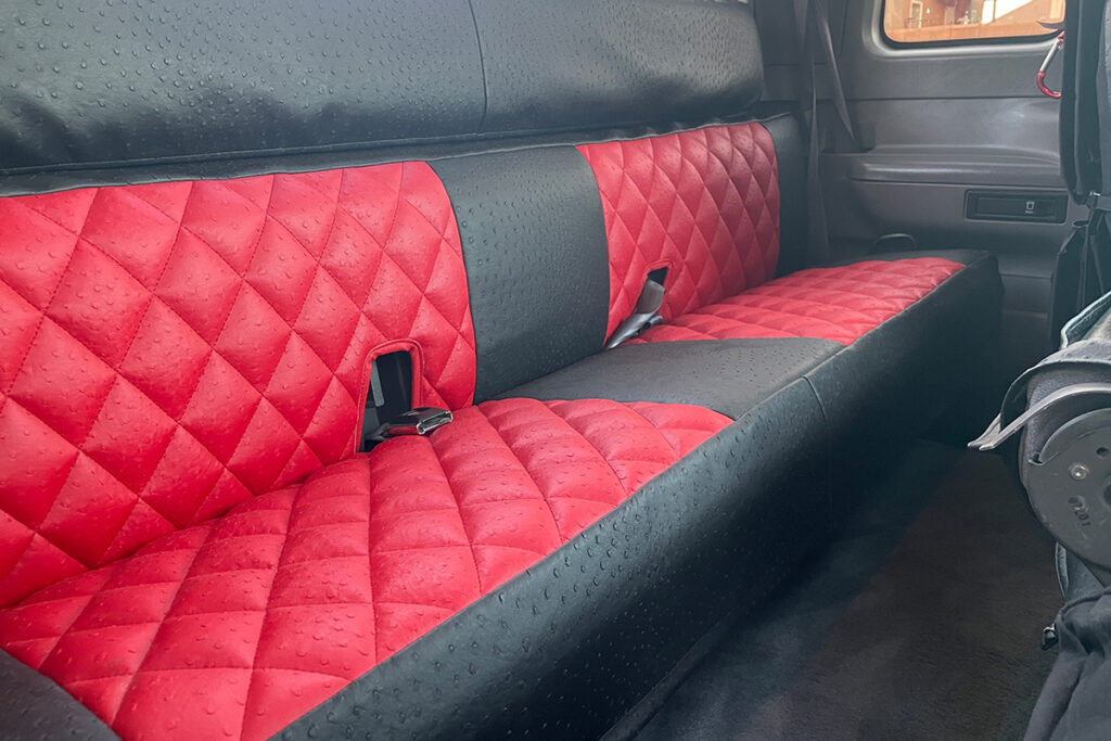 1996 Ford F-250 rear bench red ostrich diamond leatherette seat covers with black ostrich accents