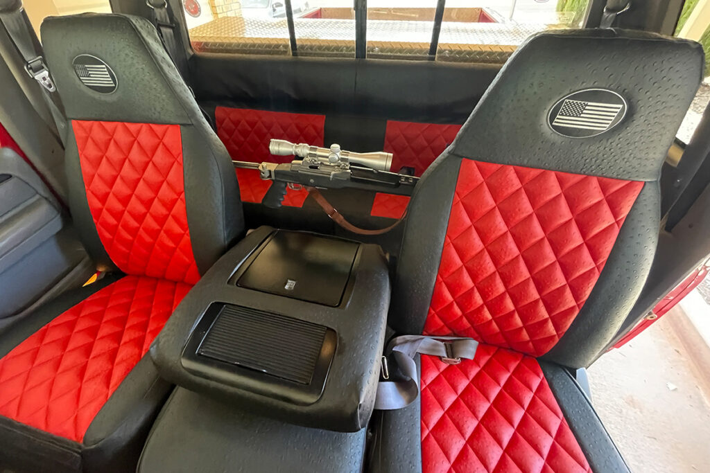 1996 Ford F-250 custom red ostrich diamond leatherette seat covers with black ostrich panels