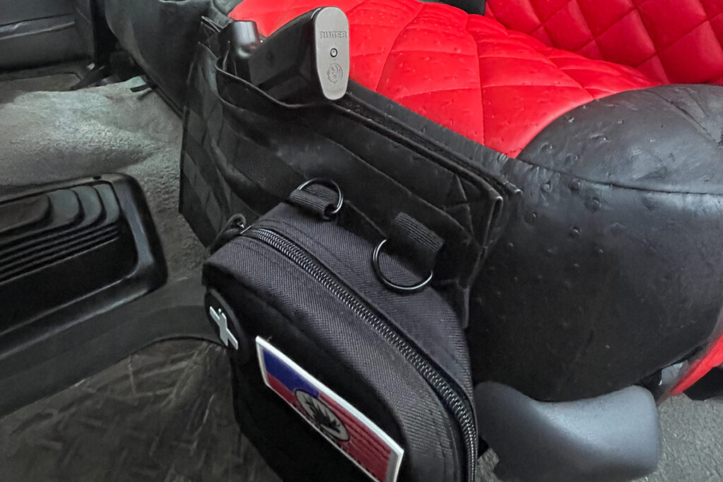 1996 Ford F-250 rear seat red ostrich leatherette seat covers with storage accessory