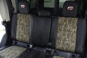 2020 Jeep Gladiator rear seat covers with Mossy Oak Bottomland inserts and Midnight Croc trim