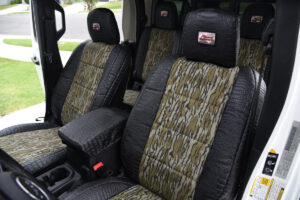 2020 Jeep Gladiator front seat covers with Mossy Oak Bottomland inserts and Midnight Croc trim