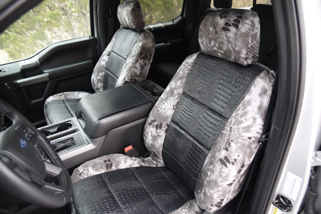 2018 Ford F-150 seat covers in Midnight Croc F43 leatherette and Kryptek Raid C72 camouflage