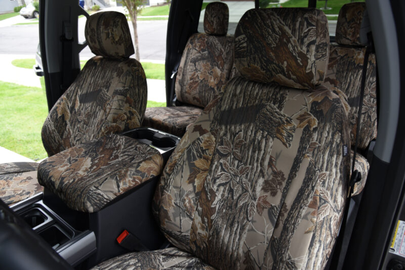 2026 Ford F-350 front seats with Realtree Xtra Grey camo seat covers