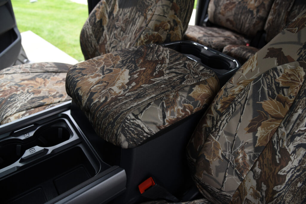 2026 Ford F-350 center seat and armrest with Realtree Xtra Grey camo seat cover