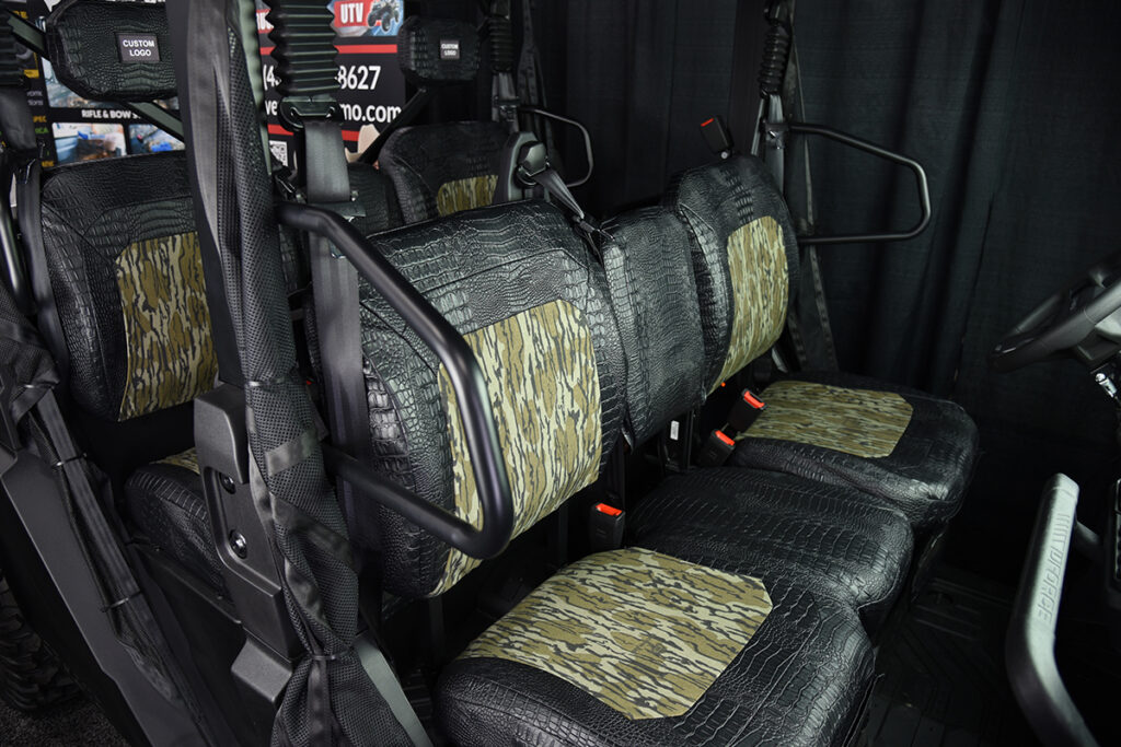2026 CFMOTO U10 rear seats with Mossy Oak Bottomland inserts and Midnight Croc trim