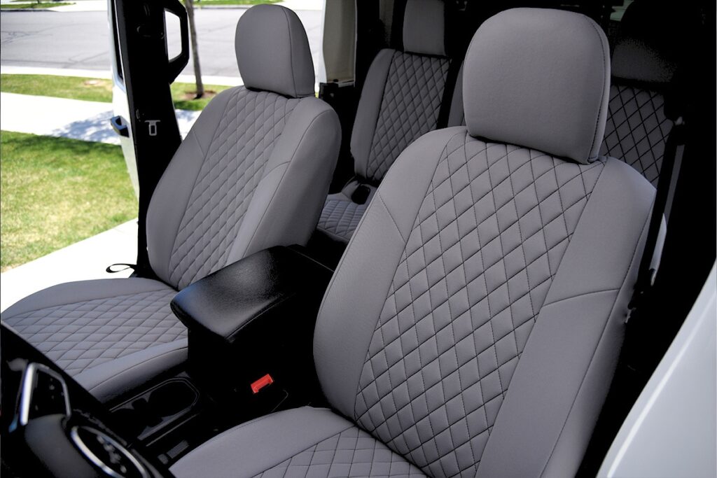 2020 Jeep Gladiator front Light Gray Diamond neoprene seat covers with Black Stitch accents