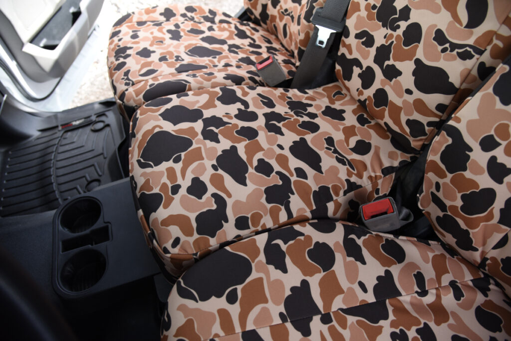 2018 Ford F-350 Duck Camo Bronze Series seat cushion covers with seat belt buckles
