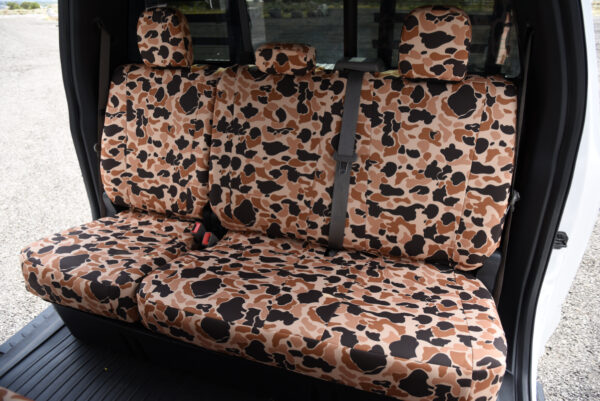 2018 Ford F-350 rear bench with Duck Camo seat covers, headrests, and seat belts