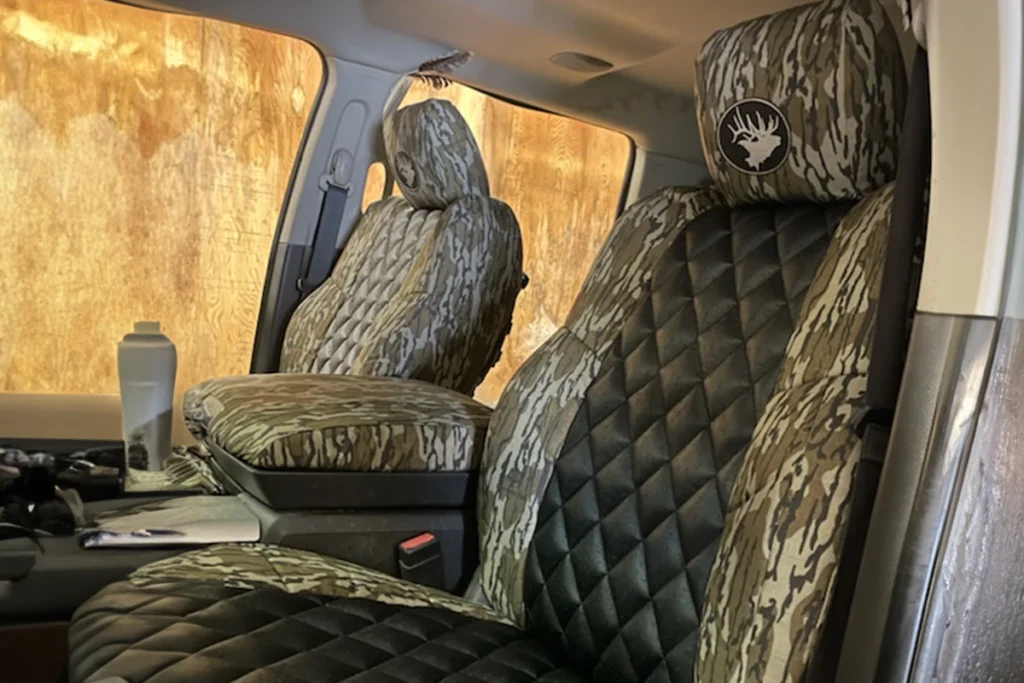 2015 RAM 1500 Black Ostrich Diamond Stitch Mossy Oak Bottomland Bottomland Seat Covers Gold Series | Covers and Camo