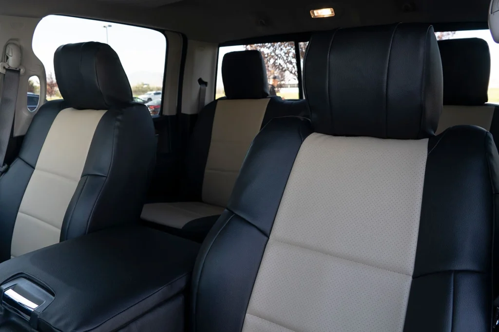 2019 RAM 1500 Laramie Classic Sandstone Perf Sof Touch Black Sof Touch Leatherette Seat Covers Gold Series | Covers and Camo