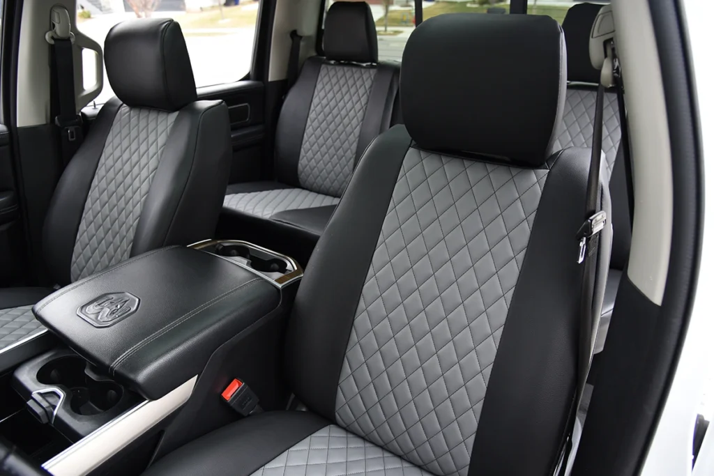 2022 RAM 1500 seat covers in Light Gray Diamond / Black / Black Stitch