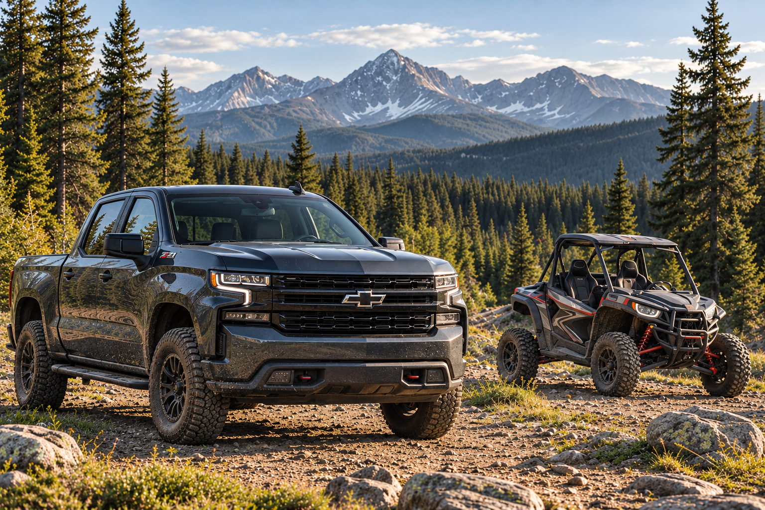 Charcoal Pickup and UTV in Mountain Wilderness | Covers and Camo