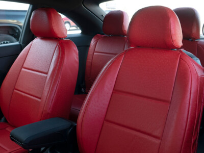2013 Volkswagen Beetle front exotic seat covers with Red Ostrich inserts and Red Ostrich trim