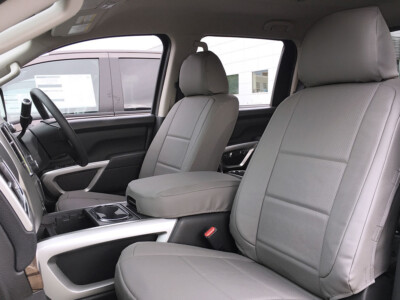 2016 Nissan Titan front Leatherette Seat Covers with Medium Gray Perforated Sof-Touch inserts and Medium Gray Sof-Touch trim