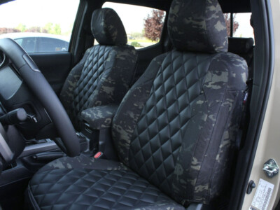 2020 Toyota Tacoma front MultiCam Black seat covers with Black Sof-Touch Diamond inserts