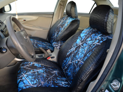 2013 Toyota Corolla front seat covers with Sirphis Undertow camouflage inserts and Midnight Croc trim