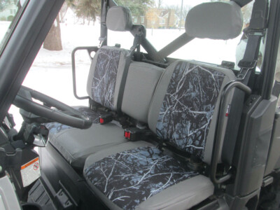 2017 Polaris Ranger XP 900 front bench seat covers with Moonshine Harvest Moon inserts and Med Gray Ostrich camouflage trim