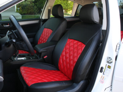2018 Subaru Legacy front Leatherette seat covers with Red Carbon Fiber diamond-quilted inserts and Black Carbon Fiber trim