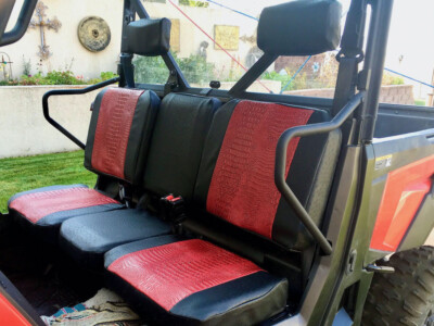2020 Textron Tracker front UTV Exotic seat covers with Flame Croc inserts and Black Ostrich trim
