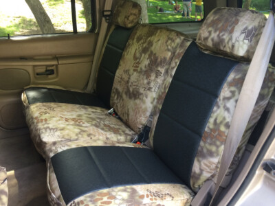 1997 Ford Explorer exotic seat covers with Black Ostrich inserts and Kryptek Highlander trim