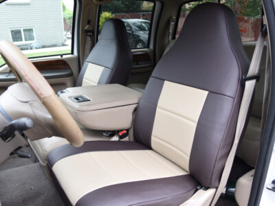 2000 Ford F-350 front leatherette seat covers with Sandstone Perforated Sof-Touch inserts and Brown Sof-Touch trim