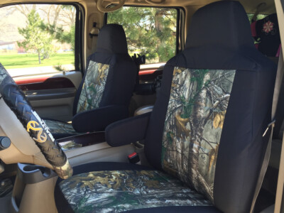 2004 Ford Excursion front Realtree Xtra camo seat covers with Black Dura EZ-Care trim