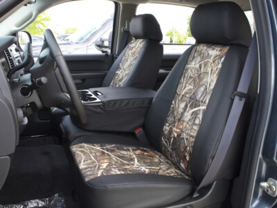 2011 Chevy Silverado 2500 front Realtree Max-4 seat covers with Black Sof-Touch trim