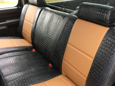 2014 GMC Sierra 3500 rear Alligator seat covers with Caramel Sof-Touch inserts and Midnight Croc trim