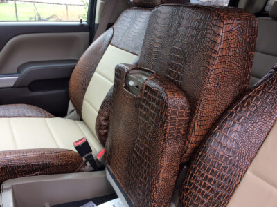 2015 Chevy Silverado 2500 Alligator seat cover side profile with Java Croc trim and Sandstone Sof-Touch inserts