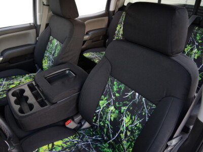 2015 GMC Sierra 2500 front seat covers with Sirphis Toxic camouflage inserts and Black Dura EZ-Care trim