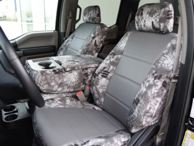 2017 Ford F-150 front seat covers in Medium Gray Ostrich and Kryptek Raid camouflage