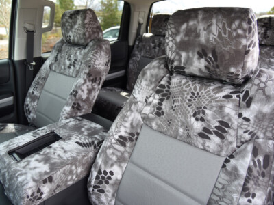 2017 Toyota Tundra front seat covers with Med. Gray Ostrich inserts and Kryptek Raid trim