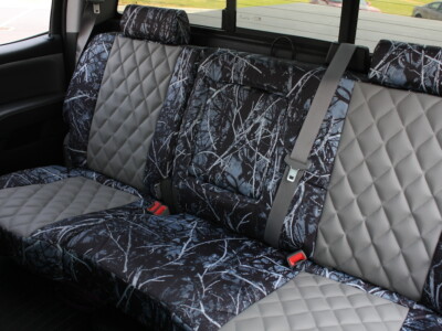 2018 Chevrolet Silverado 1500 rear seat covers with Medium Gray Perforated Sof-Touch Diamond inserts and Sirphis Harvest Moon camouflage trim