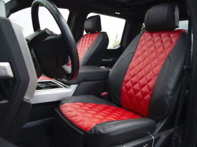 <b>
2018 Ford F-350
</b>
  <br>Insert: Red Carbon Fiber F11 Diamond (Sim. Leather)
  </br>Trim: Black Ostrich E01 (Sim. Leather)
<br>Product: Sim. Leather - Gold Series</br> Ford F-350 Seat Covers