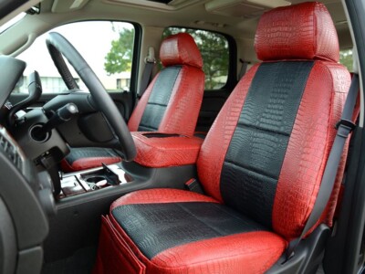 2014 Chevy Tahoe front Alligator seat covers with Midnight Croc inserts and Flame Croc trim