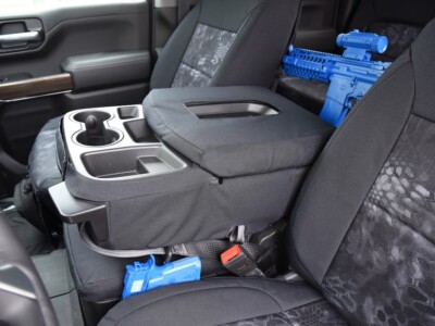 2021 Chevy Silverado 1500 center console cover with Kryptek Typhon seat covers and Black Dura EZ-Care trim