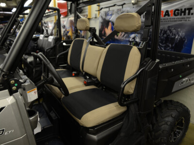 2019 Polaris Ranger front bench UTV seat covers with Black Dura EZ-Care inserts and Sand Dura EZ-Care trim