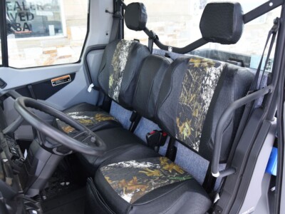 2022 Can-Am Defender front bench UTV camo seat covers with Mossy Oak New Break-Up inserts and Black Ostrich trim