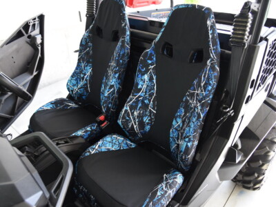 2023 Can-Am Commander front custom seat covers with Sirphis Undertow inserts and Black Dura EZ-Care trim
