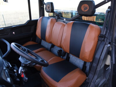 <b>
2023 Can-Am Defender
</b>
  <br>
         Insert: Black Ostrich E01 (Sim. Leather)
  </br>Trim: Saddle Ostrich E02 (Sim. Leather)
<br> Product: UTV </br> UTV Exotic Seat Covers 3
