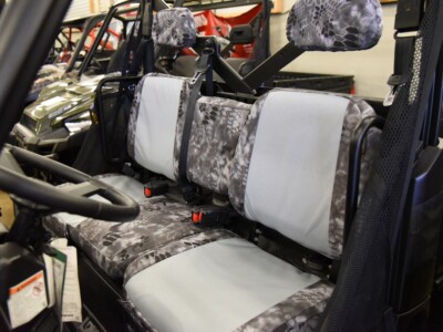 2018 Polaris Ranger front bench UTV seat covers with Silver Gray Dura EZ-Care inserts and Kryptek Raid camo trim