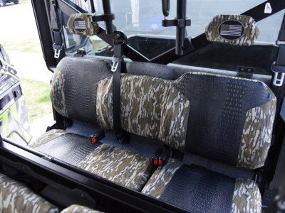 2023 Polaris Ranger 1000 rear bench UTV seat covers with Midnight Croc inserts and Mossy Oak Bottomland trim
