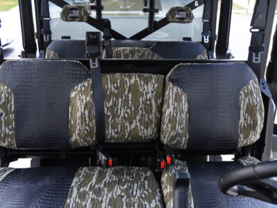 2023 Polaris Ranger 1000 rear bench UTV seat covers with Midnight Croc inserts and Mossy Oak Bottomland camo trim