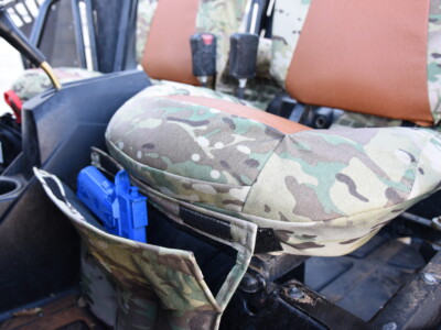 2012 Polaris RZR front UTV camo seat covers with Saddle Ostrich simulated leather inserts and MultiCam Original canvas trim