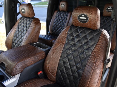 <b>
2018 Ford F-350
</b>
<br>
Insert: Midnight Croc E43 Diamond (Sim. Leather)
</br>Trim: Java Croc E42 (Sim. Leather) 
</br>Product: Exotic - Gold Series Exotic Seat Covers