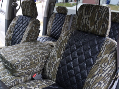 2009 RAM 2500 seat covers in Midnight Croc Diamond Stitch and Mossy Oak Bottomland camouflage