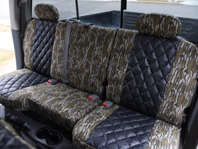 2009 RAM 2500 seat covers in Midnight Croc Diamond Stitch and Mossy Oak Bottomland camouflage