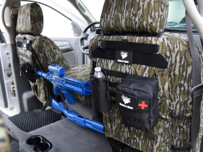2009 RAM 2500 seat covers in Midnight Croc Diamond Stitch and Mossy Oak Bottomland camouflage