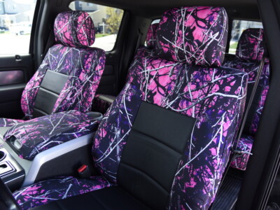 2014 Ford F-150 front seat covers with Black Perforated Sof-Touch inserts and Sirphis Muddy Girl camouflage trim